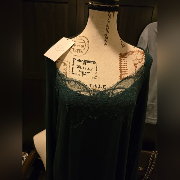 Frette 2024 Fall Nightgown Lingerie New w/Tags Emerald Green W/ Pretty Lace Neck - Picture 3 of 12